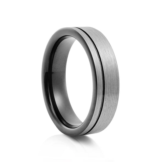 Brushed silver and black Tungsten Mens Wedding Ring - Victoria's Jewellery