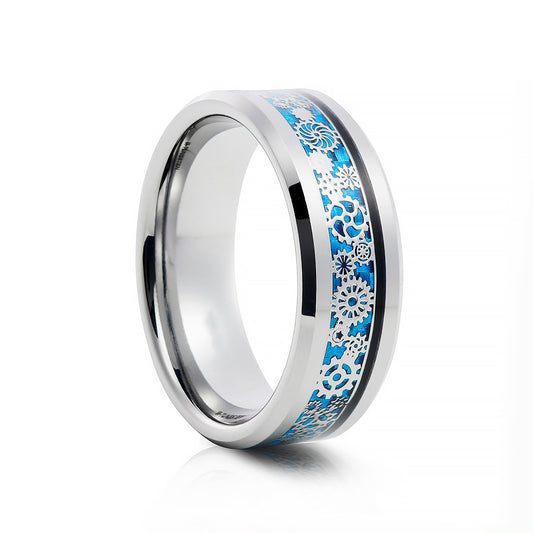 Silver Tungsten with Blue Clockwork inlay Mens Wedding Ring - Victoria's Jewellery