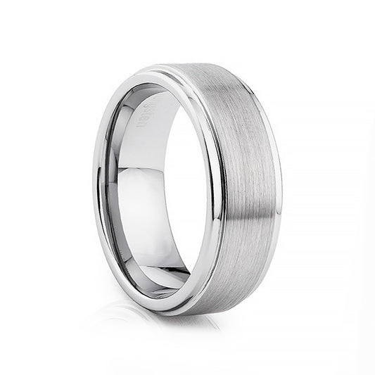 Silver brushed tungsten mens wedding ring with a beveled edge - Victoria's Jewellery