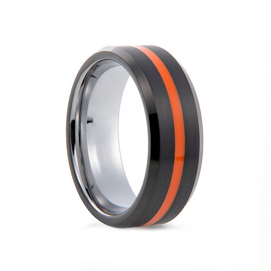 mens tungsten engagement wedding ring with racing stripe inlay - Victoria's Jewellery