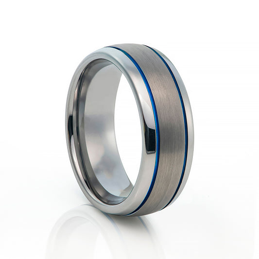 Double Blue Groove Brushed Silver Tungsten Mens Wedding Ring - Victoria's Jewellery