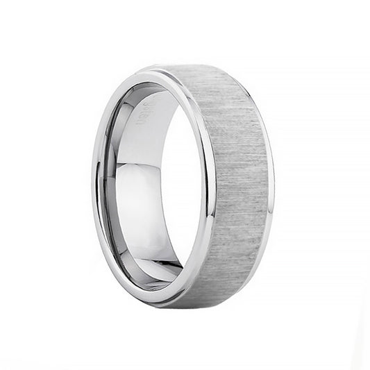 Silver brushed tungsten mens wedding ring with a bevelled edge - Victoria's Jewellery