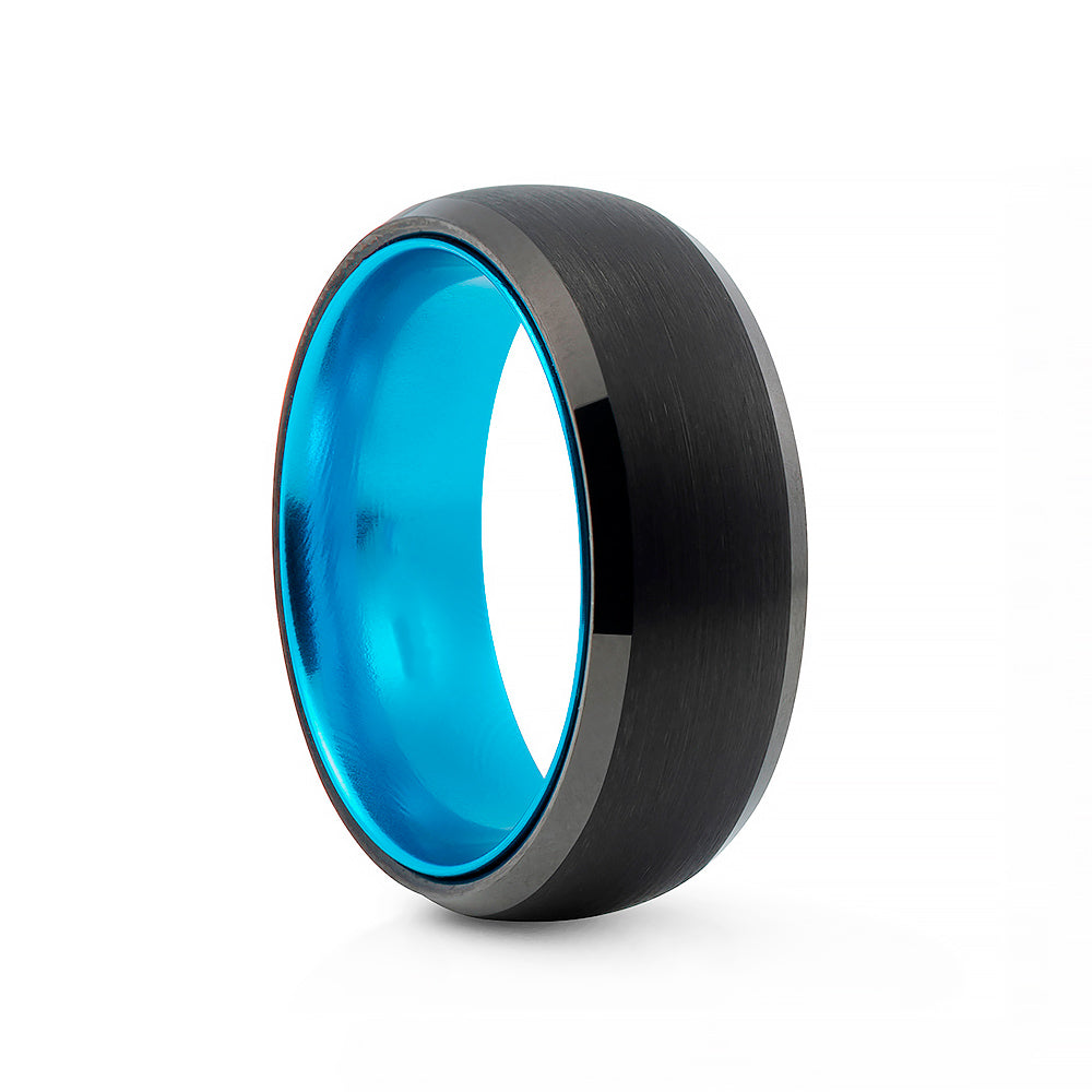 Black brushed tungsten mens ring with bright blue aluminium inner - Victoria's Jewellery