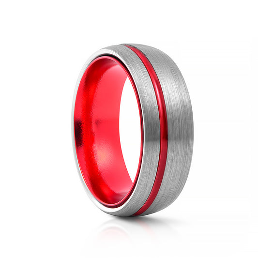 Red Groove Silver Brushed Tungsten Mens Wedding Ring - Victoria's Jewellery