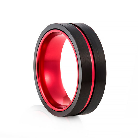 Red Groove Black Brushed Tungsten Mens Wedding Ring - Victoria's Jewellery