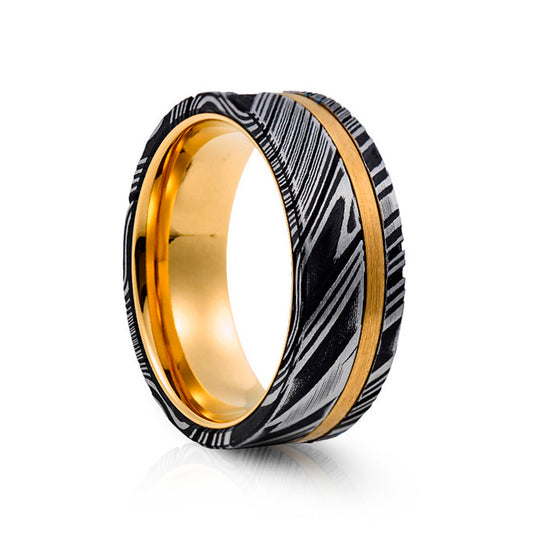 Black, white and yellow gold damascus style mens tungsten wedding ring - Victoria's Jewellery