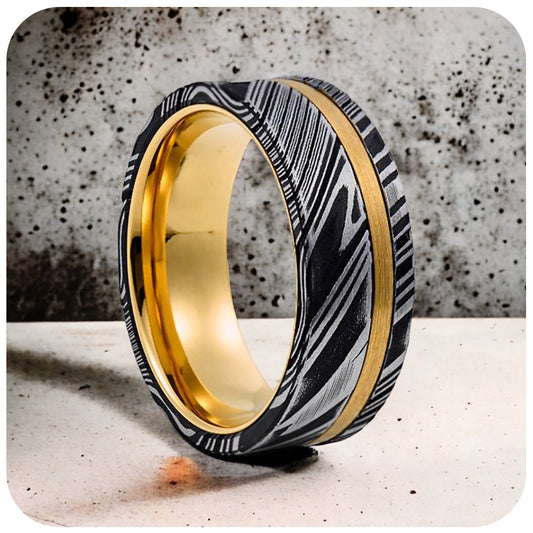 Black, white and yellow gold damascus style mens tungsten wedding ring - Victoria's Jewellery