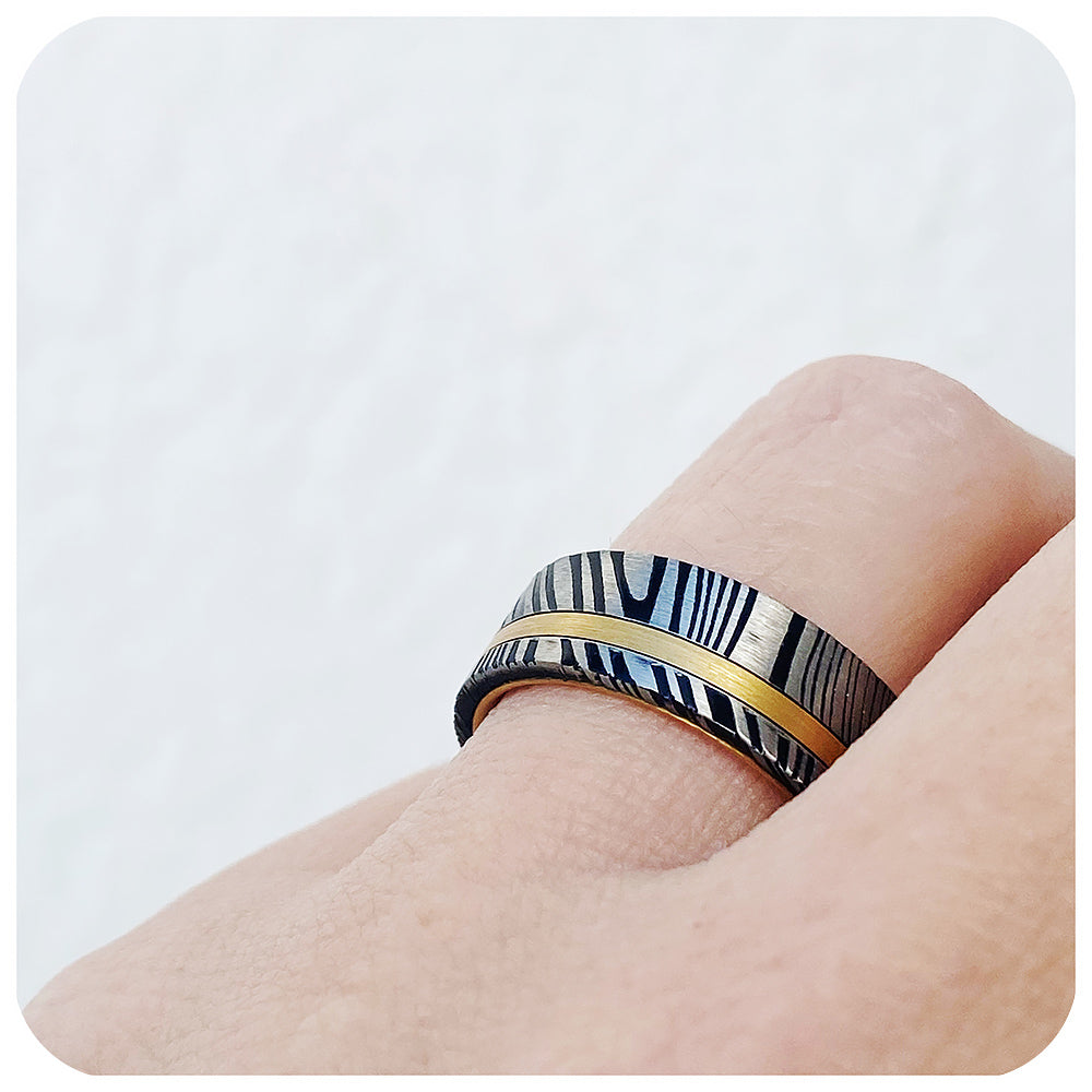 Black, white and yellow gold damascus style mens tungsten wedding ring - Victoria's Jewellery