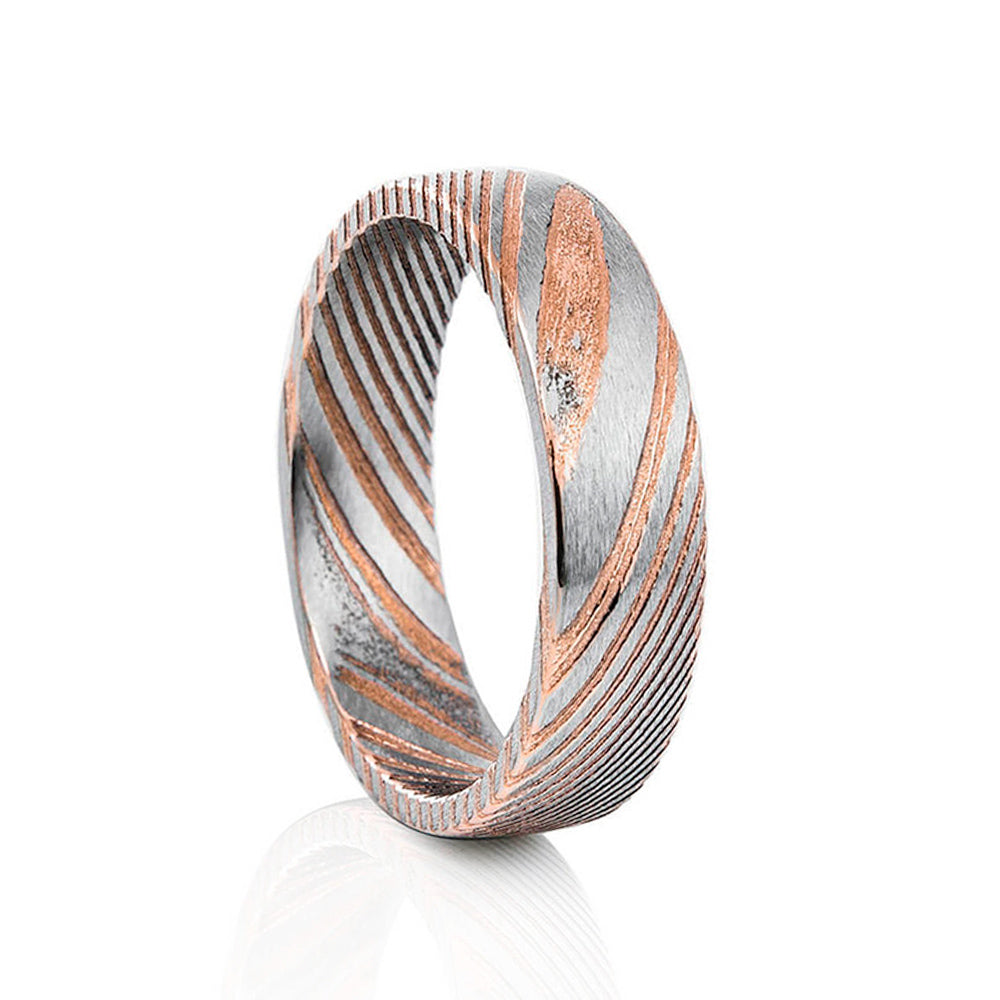 Damascus style Silver and Rose Mens Wedding Ring - Victoria's Jewellery