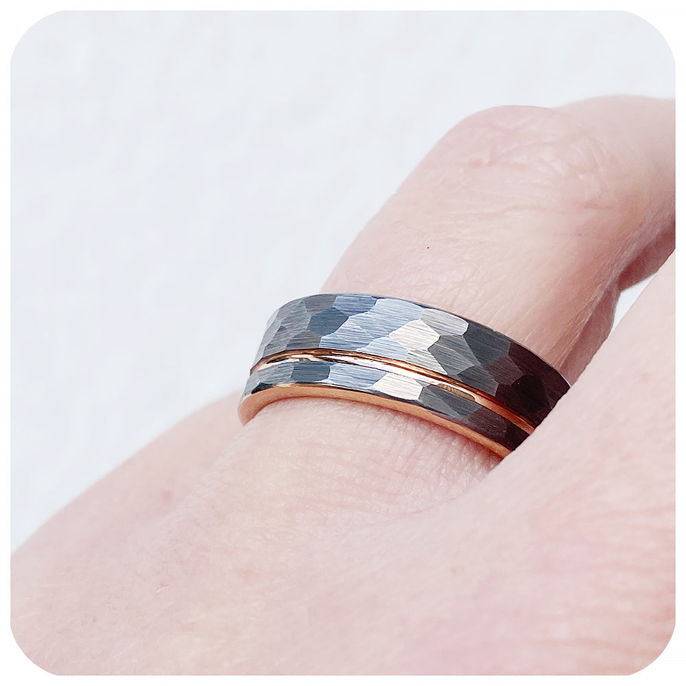 Archer, a Hammered Tungsten and Rose Gold Mens Wedding Ring - 8mm