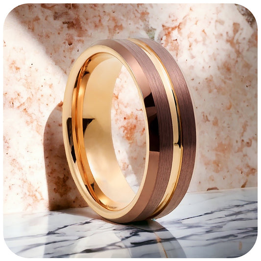 Dean, a Coffee Bronze and Rose Gold Tungsten Ring - 8mm