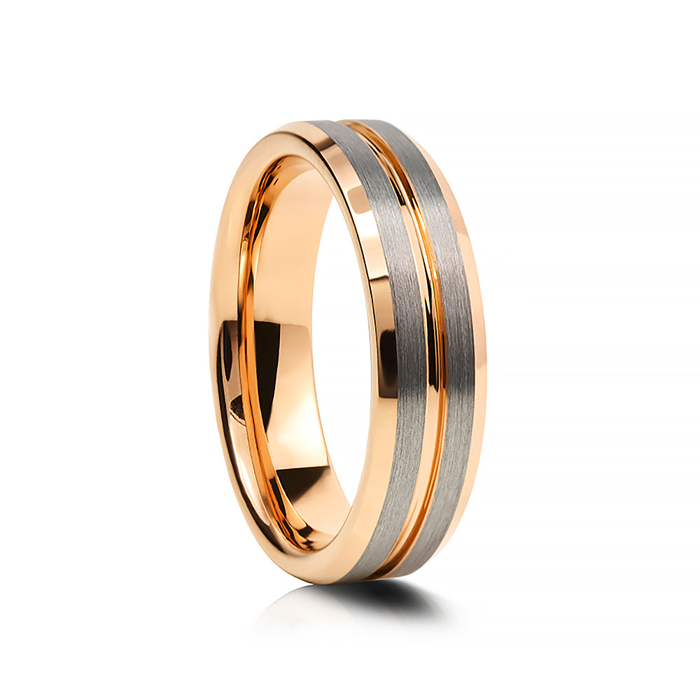 Kai, a Silver and Rose Gold Tungsten Mens Wedding Ring