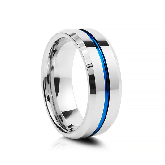 Ian, a Silver and Blue Tungsten Mens Wedding Ring