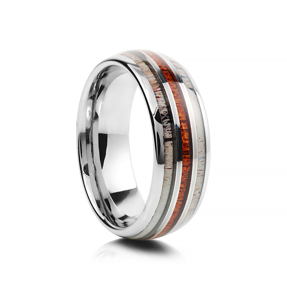 Jose, a Silver, Wood and Antler Mens Tungsten Wedding Ring