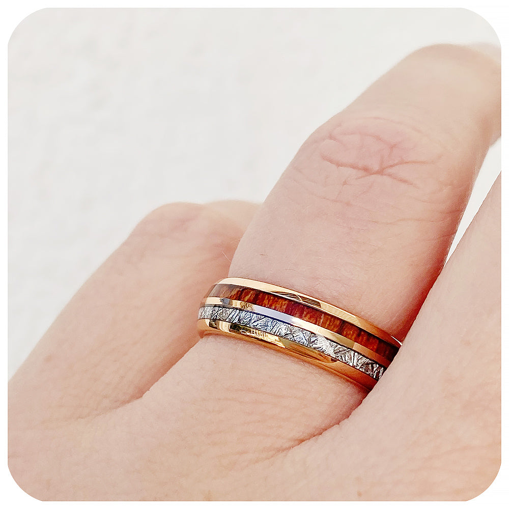 Weston, a Tungsten, Wood and Meteorite Wedding Ring - 6mm