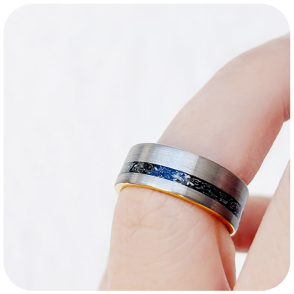 Erik, a Meteorite and Brushed Tungsten Mens Wedding Ring - 8mm