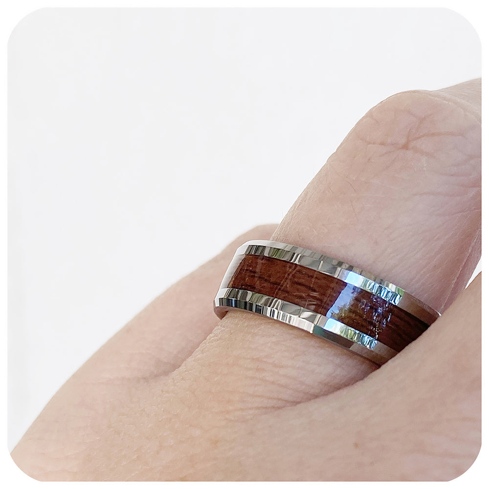 Cherry Wood and Polished Tungsten Mens Wedding Ring - Victoria's Jewellery