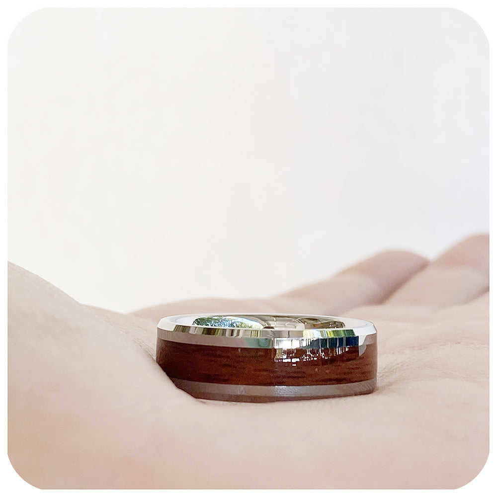 Cherry Wood and Polished Tungsten Mens Wedding Ring - Victoria's Jewellery