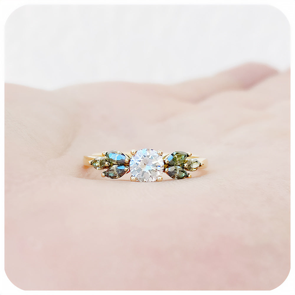 Moissanite Nature inspired Round and Marquise cut Engagement Ring - Victoria's Jewellery