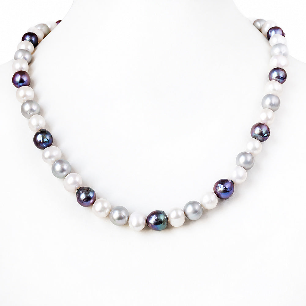 8-10mm White, Grey and Peacock Fresh Water Pearl Necklace
