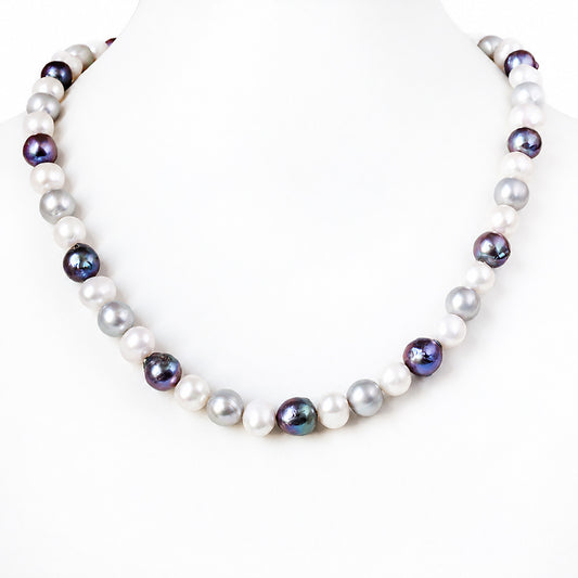 8-10mm White, Grey and Peacock Fresh Water Pearl Necklace