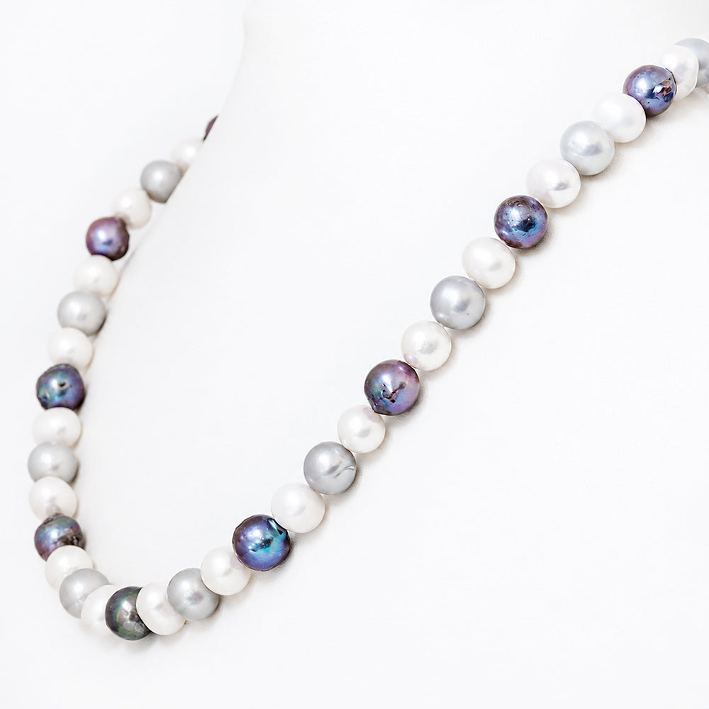 8-10mm White, Grey and Peacock Fresh Water Pearl Necklace