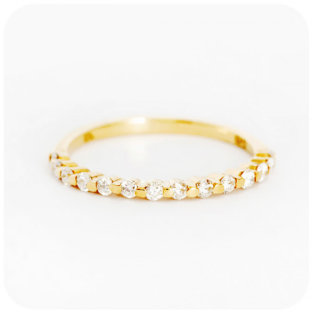 Brilliant cut Moissanite half eternity stack ring in yellow gold - Victoria's Jewellery