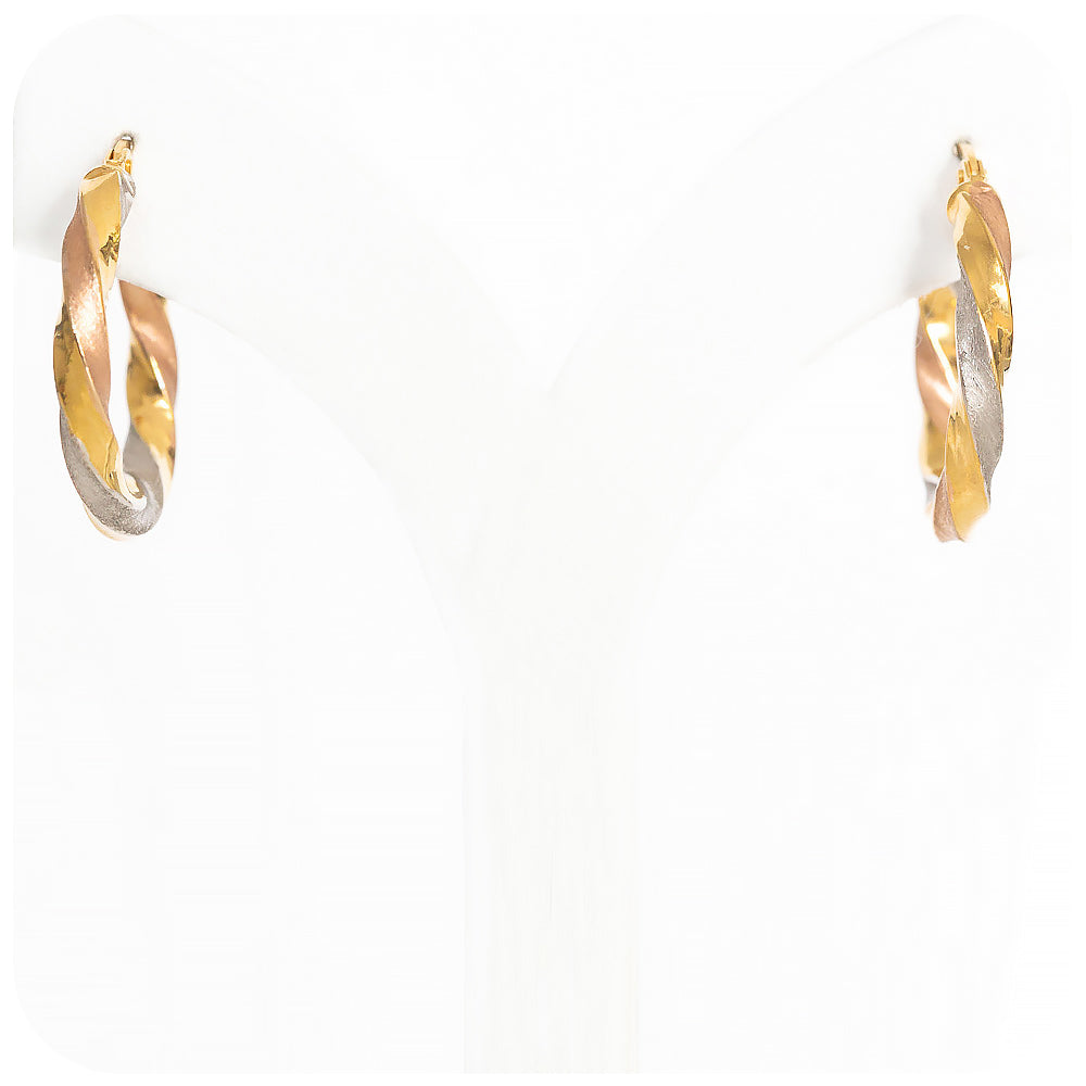 Three tone yellow, white and rose gold twisted hoop earrings - Victoria's Jewellery