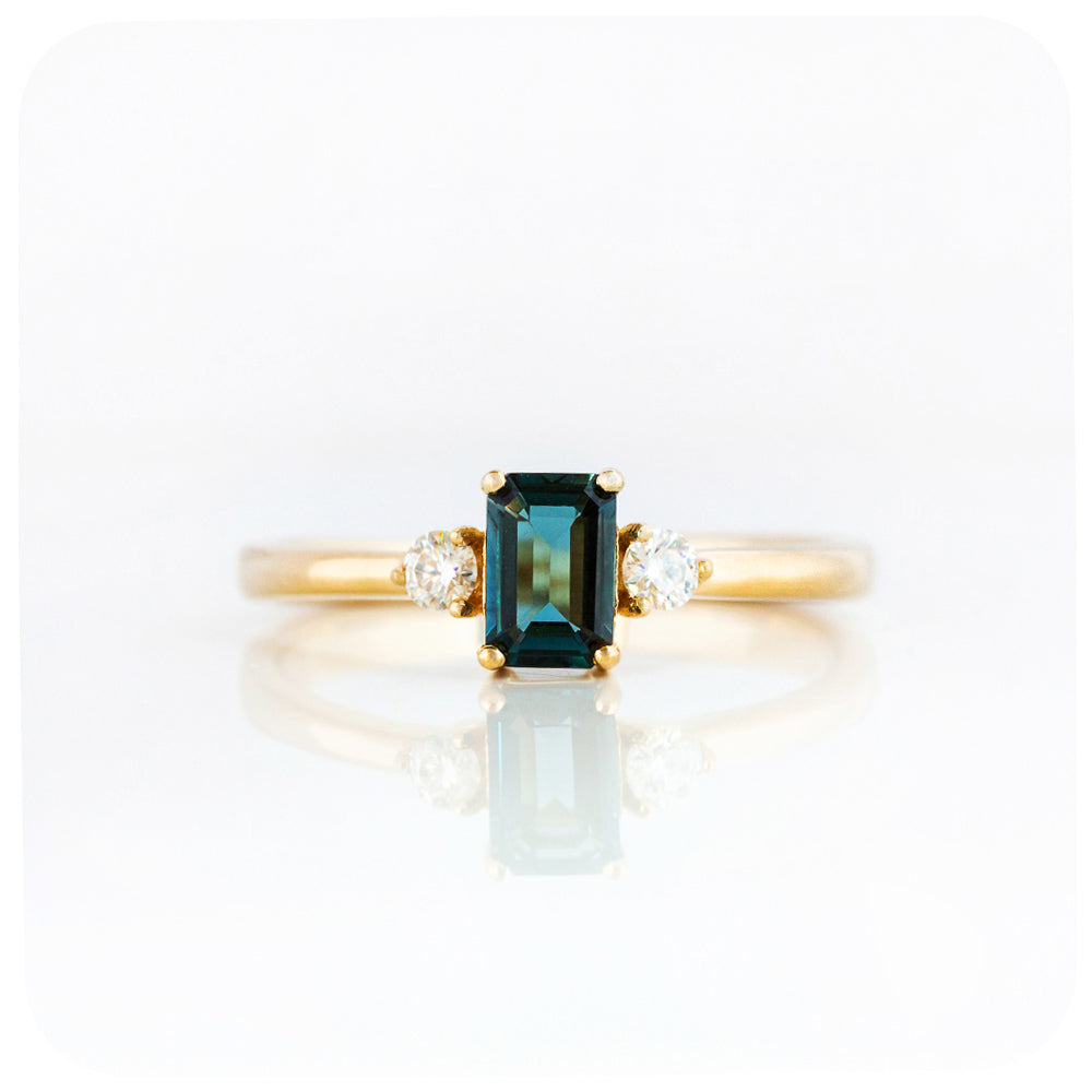 Emerald cut London Blue Topaz and Diamonds Trilogy Engagement Ring - Victoria's Jewellery