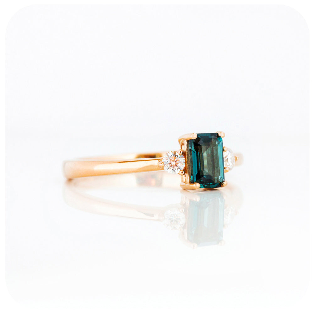 Emerald cut London Blue Topaz and Moissanite Trilogy Engagement Ring - Victoria's Jewellery