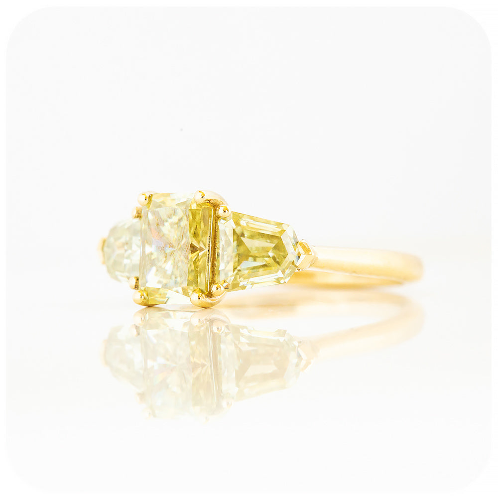 fancy yellow radiant and shield cut moissanite trilogy engagement or wedding ring - Victoria's Jewellery