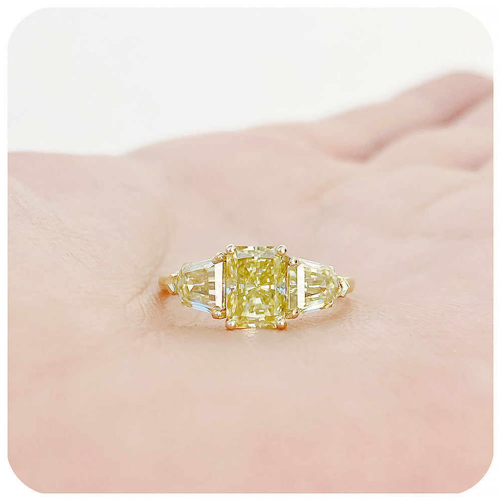 fancy yellow radiant and shield cut moissanite trilogy engagement or wedding ring - Victoria's Jewellery