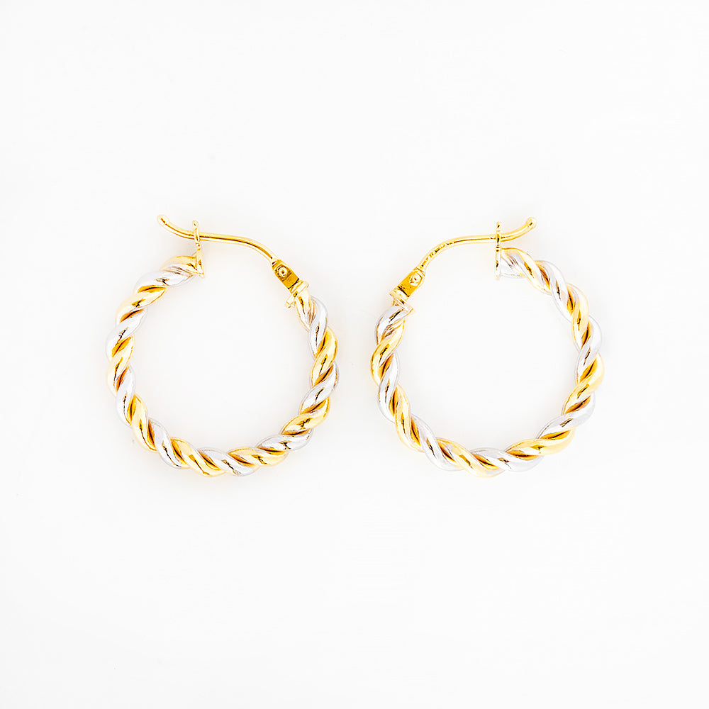 9k Yellow and White Gold Twisted Hoops - 15mm