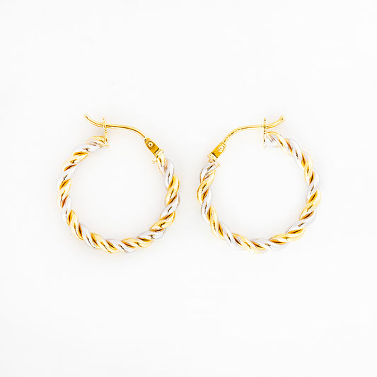 9k Yellow and White Gold Twisted Hoops - 15mm