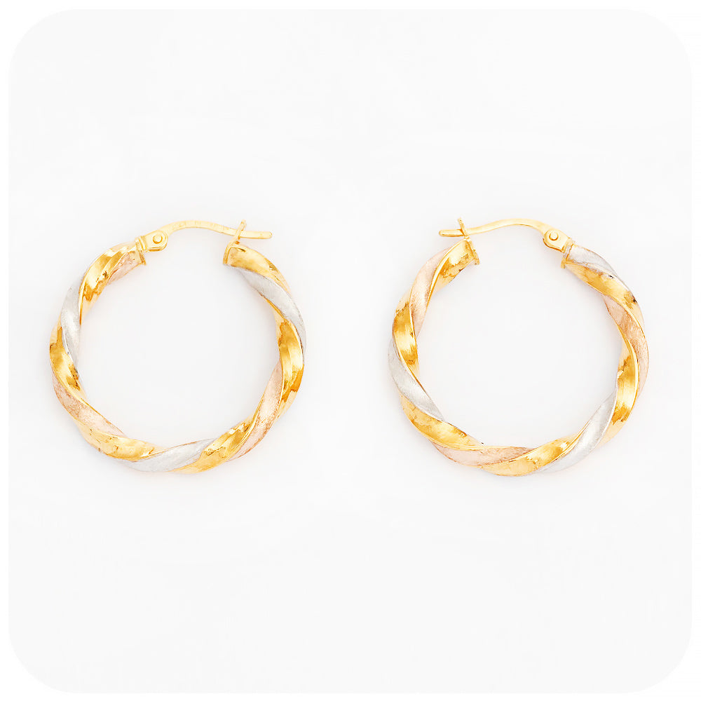 Three tone yellow, white and rose gold twisted hoop earrings - Victoria's Jewellery