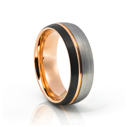 Black, Rose Gold and Silver, brushed mens tungsten wedding ring - Victoria's Jewellery