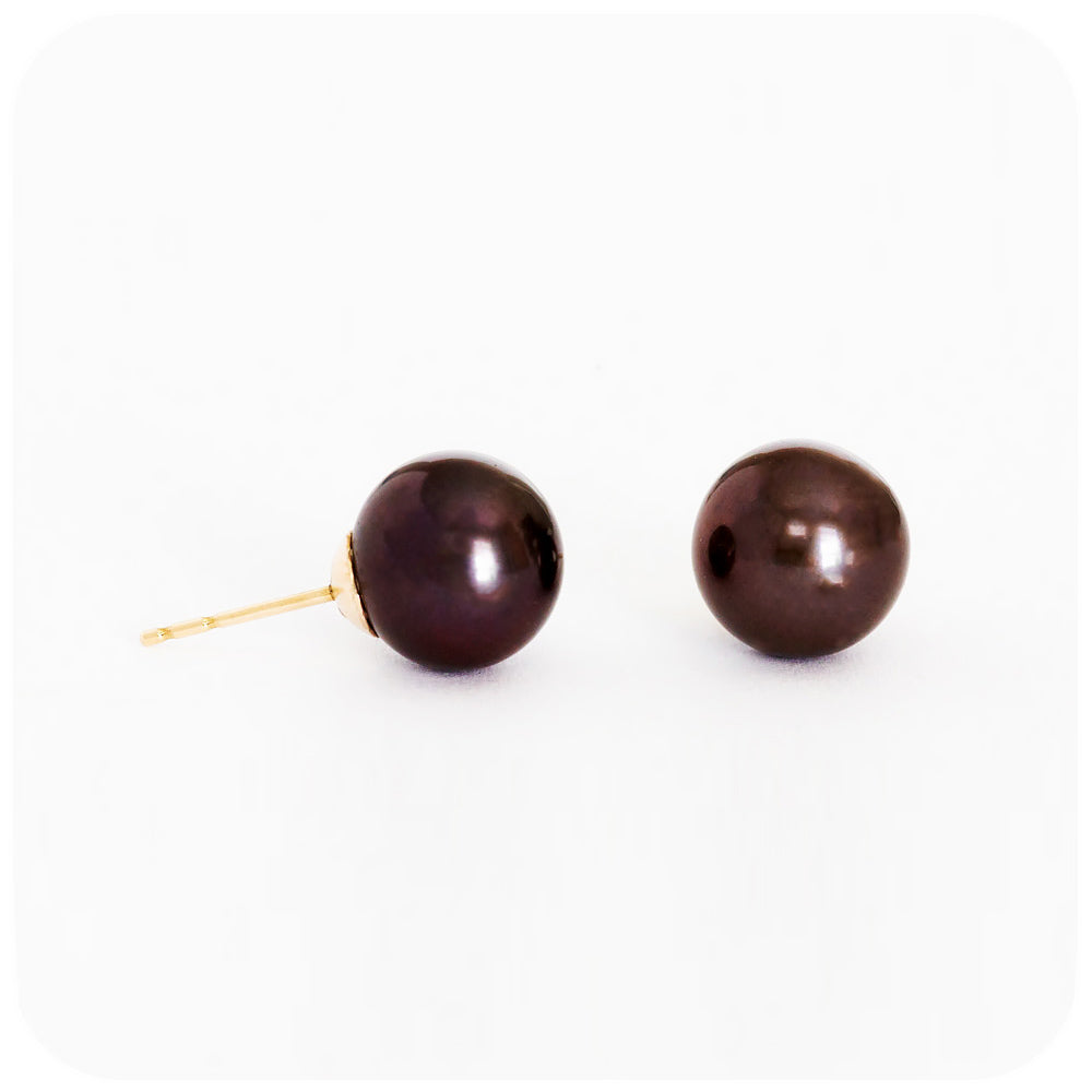 8.5 - 9mm Black Cultured Pearl Stud Earrings on 9k Yellow Gold