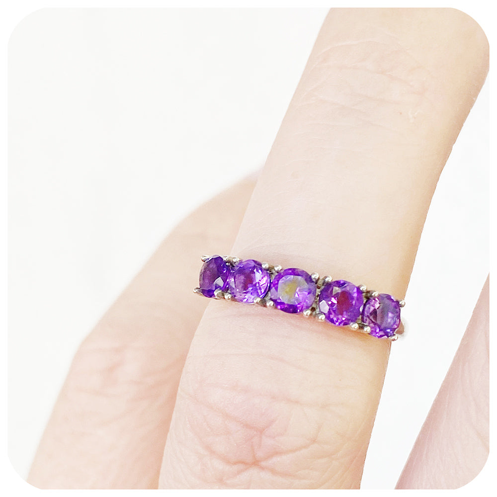 round cut purple amethyst half eternity anniversary ring