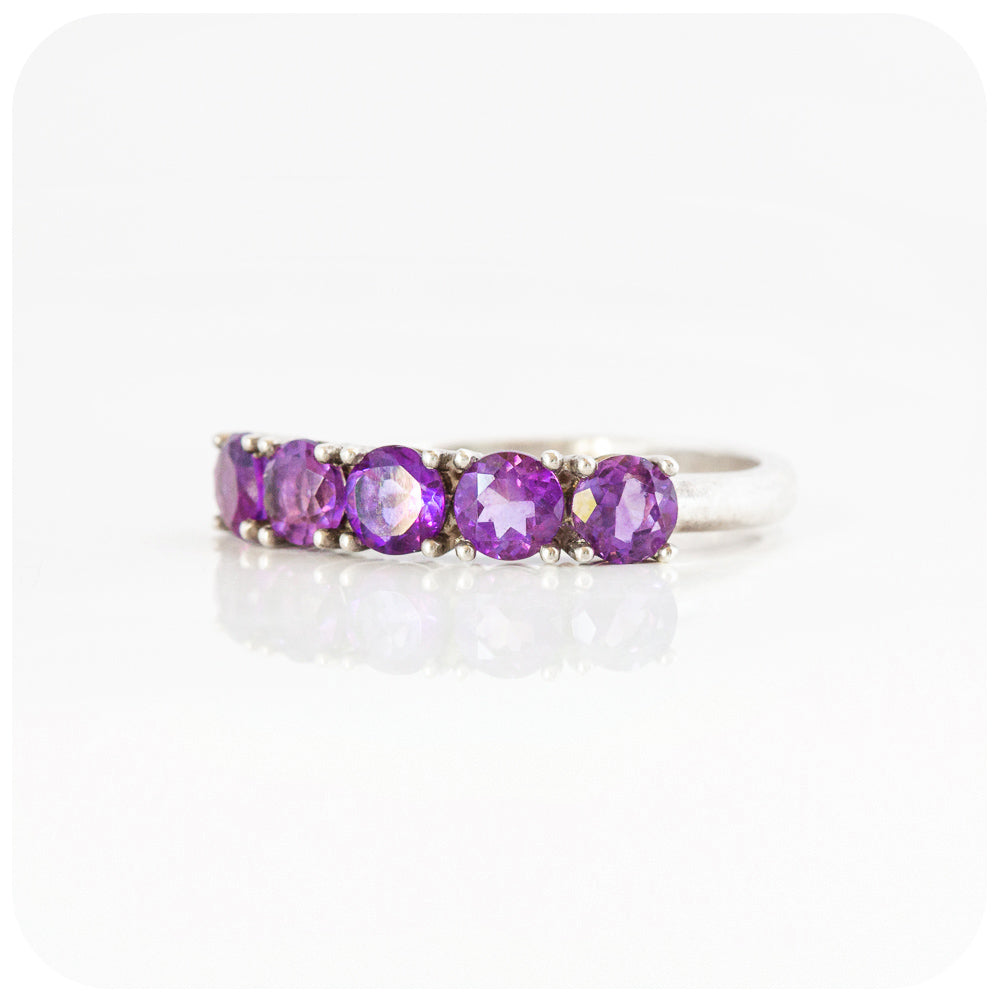 round cut purple amethyst half eternity anniversary ring