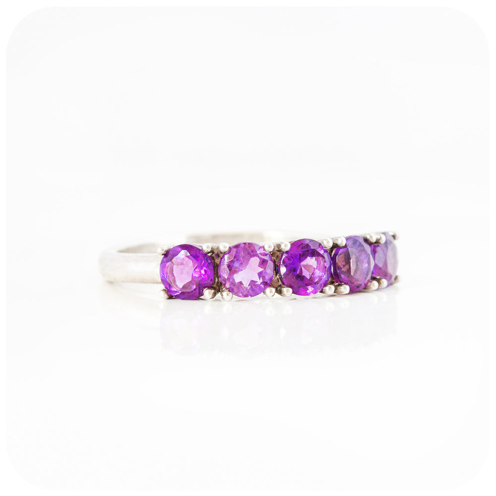 round cut purple amethyst half eternity anniversary ring