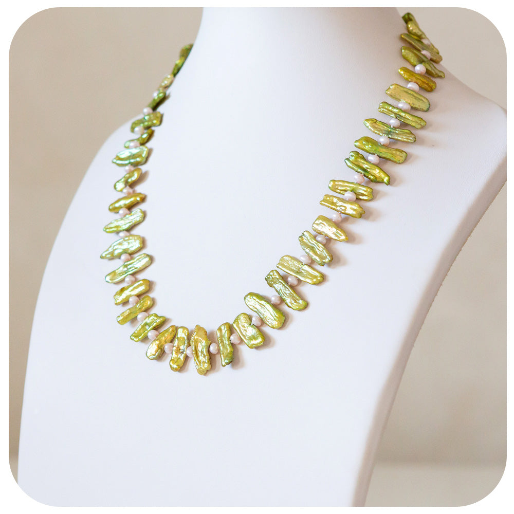 Green Biwa Pearls and 4.5mm Pink Fresh Water Pearl Necklace - Victoria's Jewellery