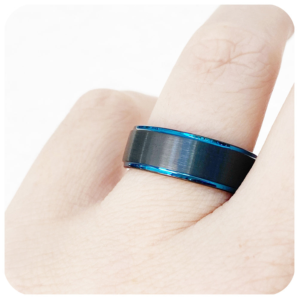 Carson, a Black Brushed Surface with Blue Edges Tungsten Ring - 8mm