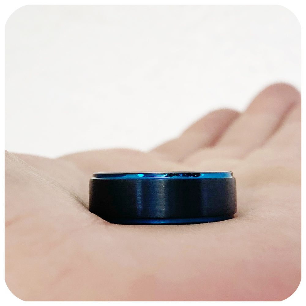 Carson, a Black Brushed Surface with Blue Edges Tungsten Ring - 8mm