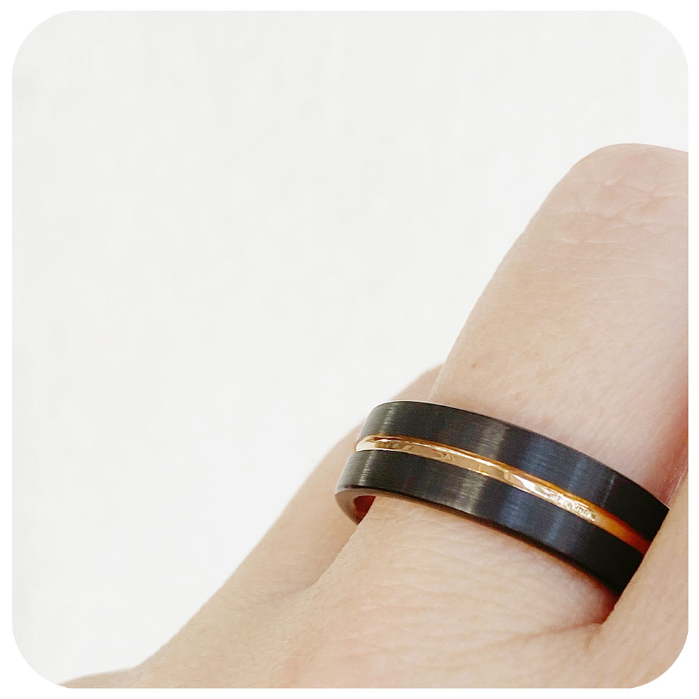 Black tungsten mens wedding ring with rose gold groove and inner - Victoria's Jewellery