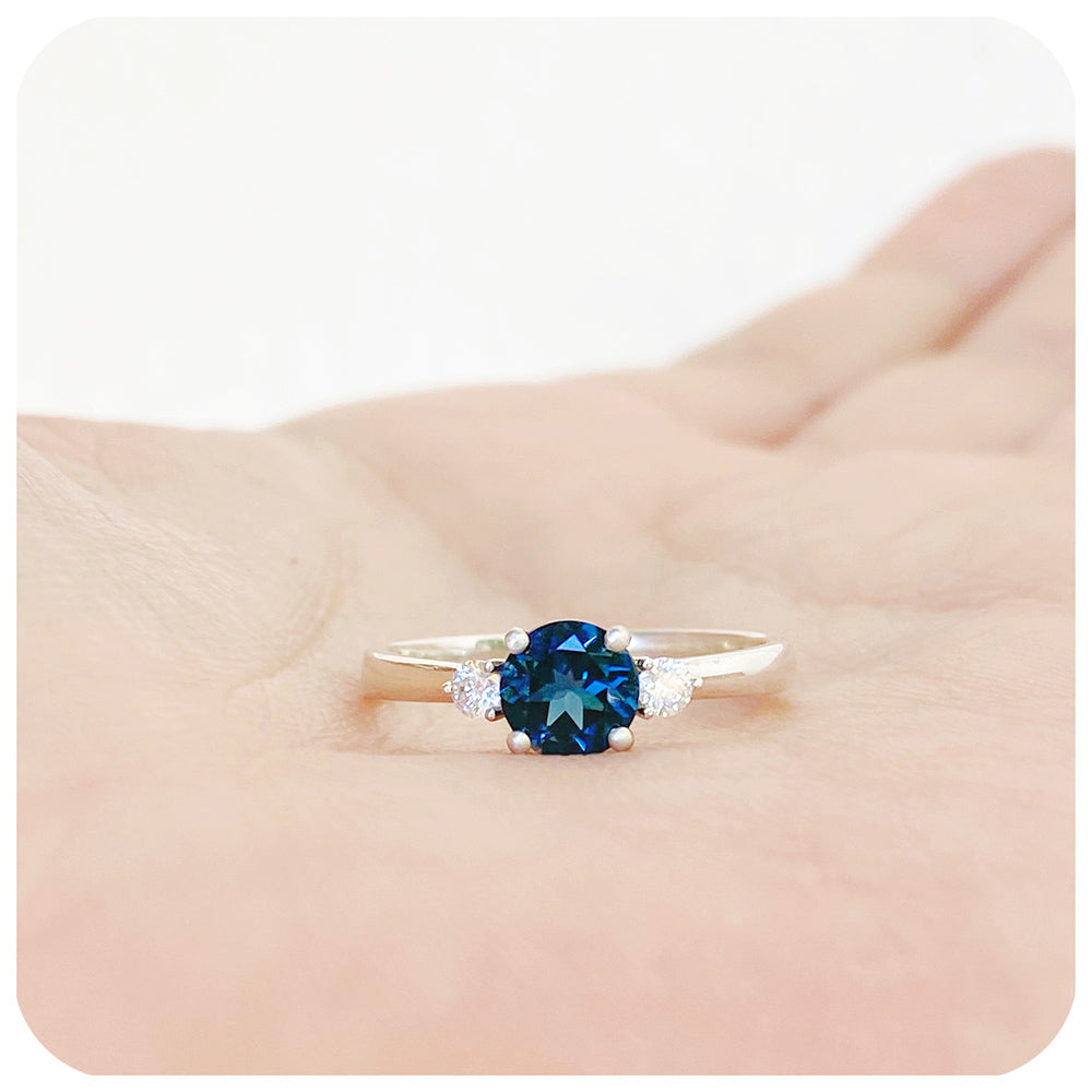 teal london blue topaz and moissanite trilogy style enagement ring - Victoria's Jewellery