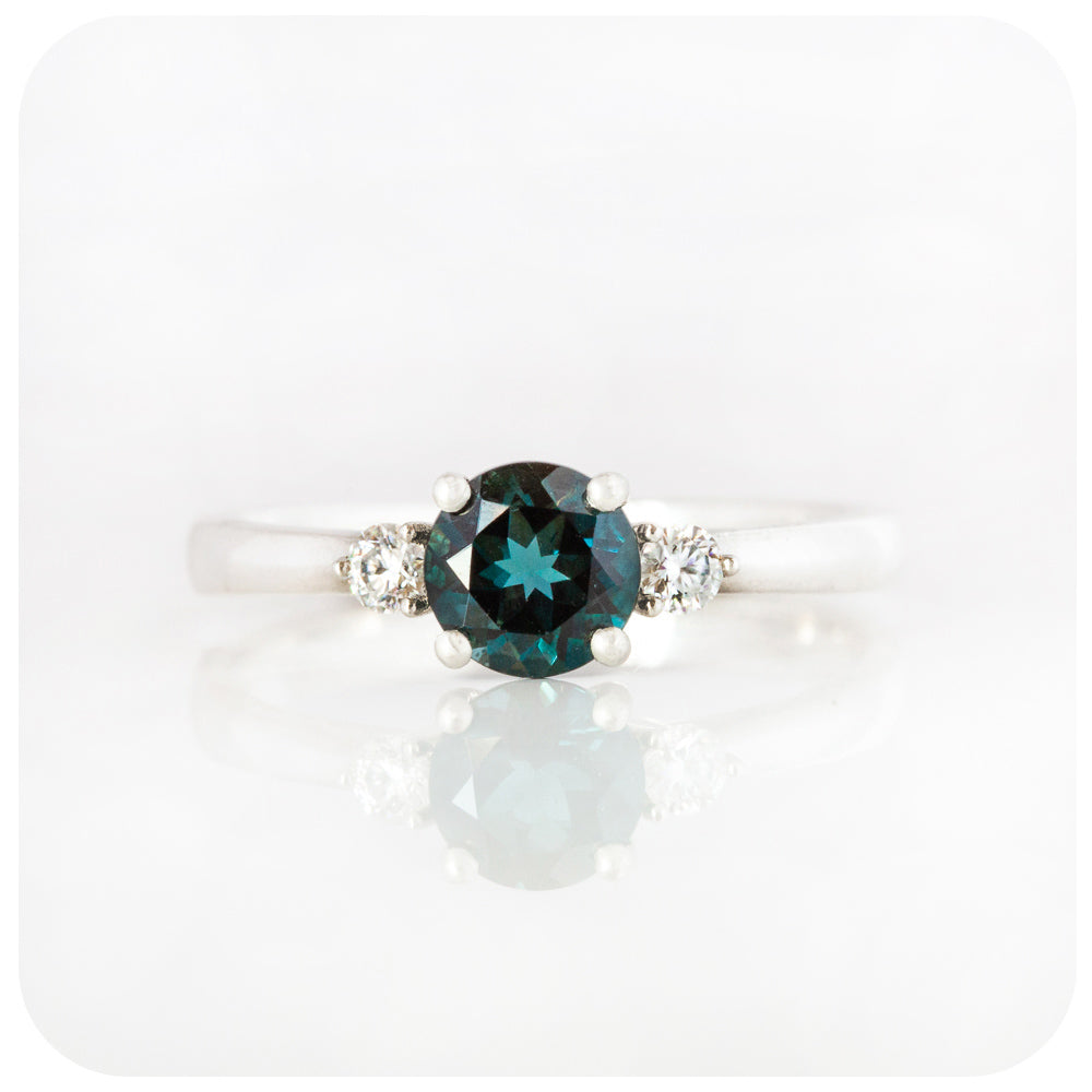 The Lea Ring, a London Blue Topaz and Moissanite Trilogy