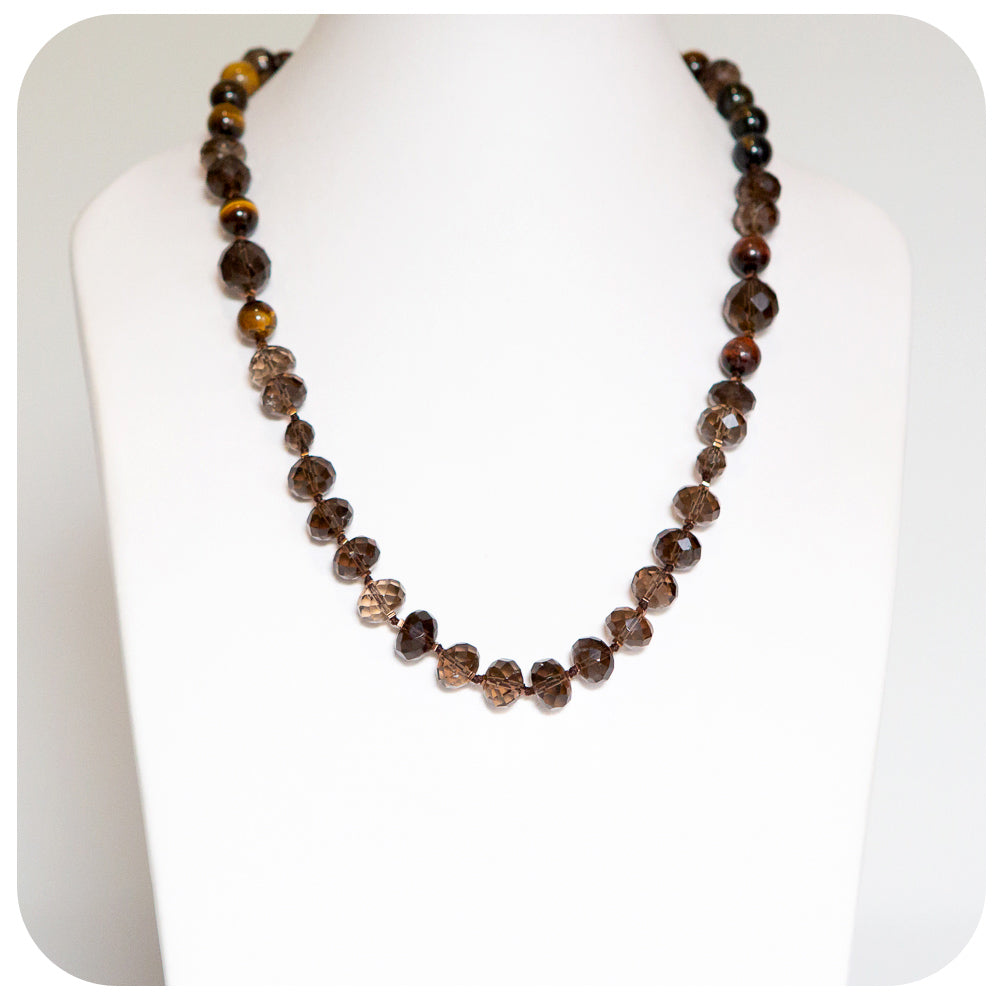 Brown Smoky Quartz and Tiger Eye Necklace with Golden Hematite