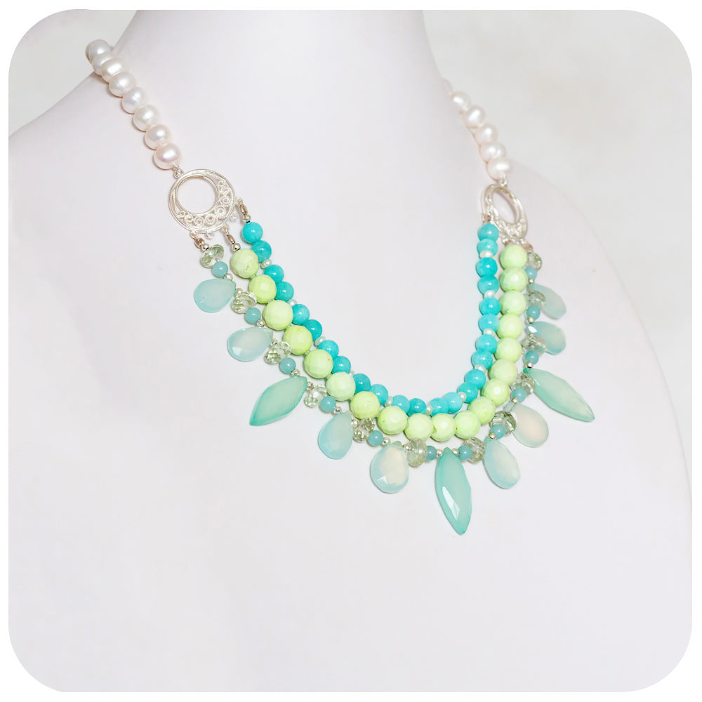 The Feathered Chalcedony, Chrysopraise and Amazonite Necklace with White Fresh Water Pearls - Victoria's Jewellery