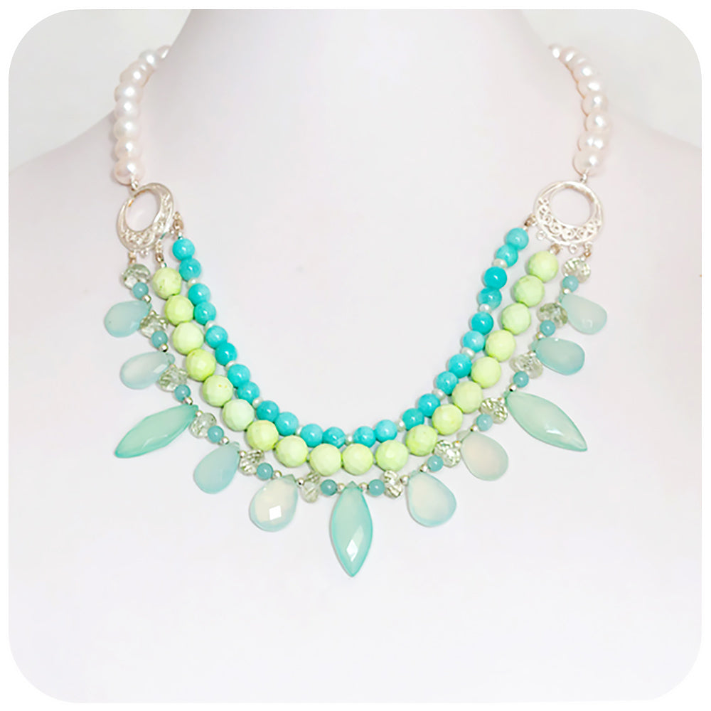 The Feathered Chalcedony, Chrysopraise and Amazonite Necklace with White Fresh Water Pearls