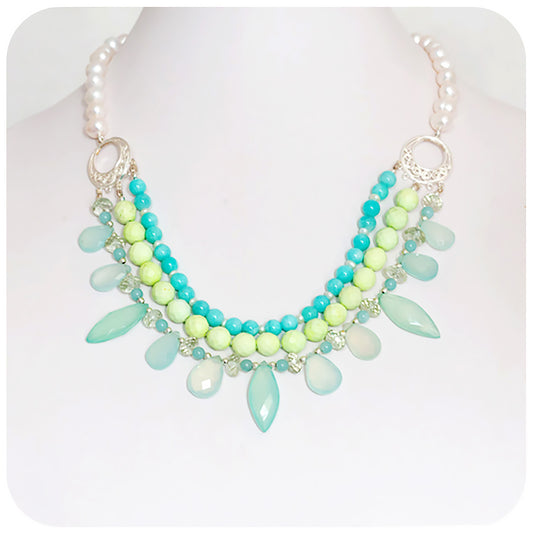 The Feathered Chalcedony, Chrysopraise and Amazonite Necklace with White Fresh Water Pearls - Victoria's Jewellery